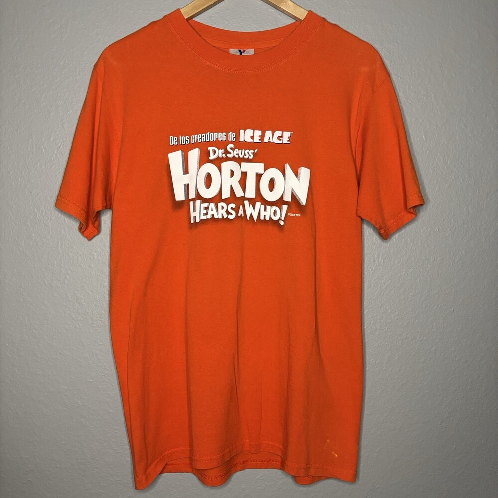Vtg Dr Suess Horton Hears A Who T-shirt Size Medium Orange Y2K Ice Age Spell Out